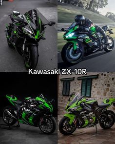 four different pictures of motorcycles in green and black