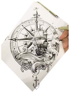 a drawing of a ship on paper with a compass in the middle and waves around it