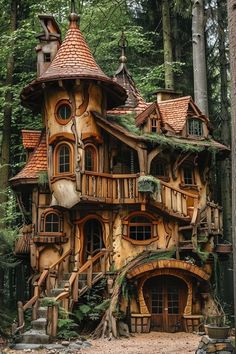 a tree house in the woods with lots of windows