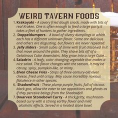 a recipe for weird tavern foods on a wooden table