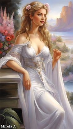 a painting of a woman wearing a white dress sitting on a ledge with flowers in her hair