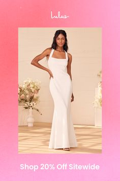 When it comes to matters of the heart, the Lulus Pure Romance White Square Neck Mermaid Maxi Dress has the purest intentions! This medium-weight crepe knit dress is sure to wow with its square neckline, darted bodice, and tank straps that crisscross at back. Figure-flattering mermaid silhouette flaunts your every curve before falling to a flared maxi hem. Hidden back zipper/clasp. Fit: This garment fits true to size. Length: Floor length. Size small measures 59" from shoulder to hem. Bust: Works Elastane Stretch Wedding Dresses, Stretch Elastane Wedding Dress, Fitted Mermaid Dress With Back Opening, Fitted Square Neck Dress With Tie Back, Elegant Fitted Mermaid Dress With Ruched Bodice, Fitted Elastane Dress With Sweetheart Neckline, Fitted Fishtail Dress With Back Opening, Flattering Silhouette Bodycon Dress, Fitted Backless Mermaid Dress