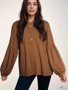 Elluis - Stylish Loose-Fit Knitted Sweater: Solid Color Jacquard and Bubble Sleeves Lantern Sleeves, Types Of Collars, Types Of Sleeves, Loose Fitting, Sleeve Length, Solid Color, Bubbles, Long Sleeve, Clothes