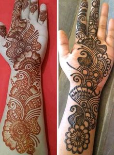 two pictures of henna designs on hands and one is showing the intricate design, which has