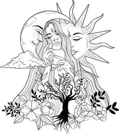 a woman with long hair and flowers in front of the moon