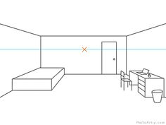 a drawing of a room with a bed and desk