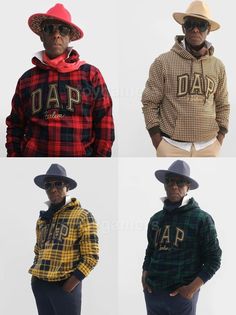 four men wearing hats and sweaters with the word dad on them in different colors