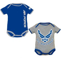 "Trooper licensed Air Force bodysuits come in a 2 pack with one featuring the words \"Air Force\" screen printed vertically and an American flag proudly displayed on the left shoulder. The second bodysuit is a jersey gray with a bold Air Force logo screen printed on the front. These soft cotton bodysuits have a 3 snap bottom to allow for easy diaper changes and are tag less so there is no irritation to the baby's neck. This set makes a great baby gift or an awesome way to show off your Air Force Air Force Baby, Air Force Logo, Blue Bodysuit, Rompers For Kids, Boys Fits, Grey Bodysuit, Twin Boys, Military Outfit, Cotton Bodysuit