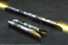 two pens with yellow light coming out of them