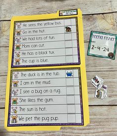 two worksheets with pictures of animals and words in them on a wooden table