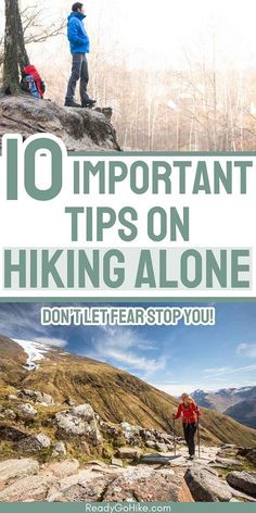 two hikers standing on top of a mountain with the text 10 important tips on hiking alone don't let fear stop you