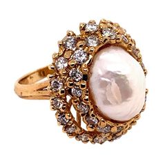 Retro Gold Cocktail Ring 1.8 Carat Natural Colorless Diamond and Pearl, circa 1950 Yellow Gold Cocktail Ring, Ring Ring, Gold Cocktail, Gold Cocktail Ring, Colorless Diamond, Round Brilliant, Cocktail Rings, Costume Jewelry, Gemstone Rings