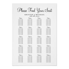 the printable seating chart for a wedding is shown in black and white, with text that reads find your seat