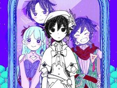 three anime characters are standing together in front of a purple and blue background with stars