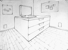 a black and white drawing of a dresser in a room