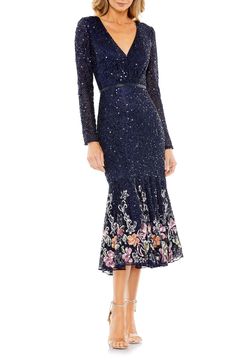 Mac Duggal Floral Embellished Long Sleeve Midi Cocktail Dress | Nordstrom Long Sleeved Cocktail Dresses, Beaded Midi Dress, Midi Dress Wedding, Mesh Cocktail Dress, Midi Dress Wedding Guest, Robes Glamour, Designer Formal Dresses, Tea Length Dress, Sequin Midi Dress