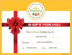 a birthday gift certificate with a red bow