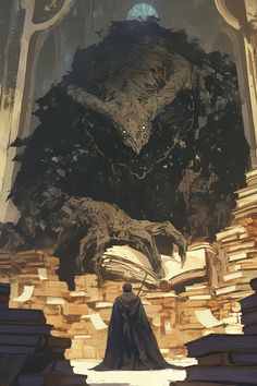 a man standing on top of a pile of books in front of a giant monster