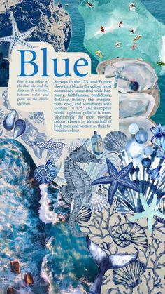 an altered collage with blue and white flowers, seashells, and words