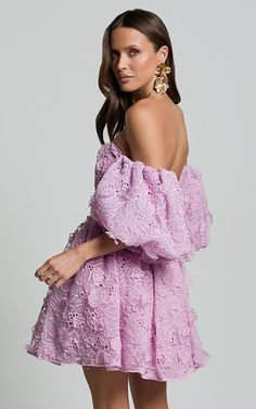 Amalie The Label - Lorena Sweetheart Off Shoulder Puff Sleeve Mini Dress in Purple | Showpo USA Short Pastel Dress, Spring Off Shoulder Dress With Sweetheart Neckline, Spring Sweetheart Neckline Off-shoulder Dress, Spring Sweetheart Neckline Off Shoulder Dress, Feminine Off-shoulder Lace Dress, Lavender Strapless Mini Dress For Spring, Strapless Lavender Mini Dress For Spring, Feminine Lavender Dress With Sweetheart Neckline, Purple Off-shoulder Spring Dress