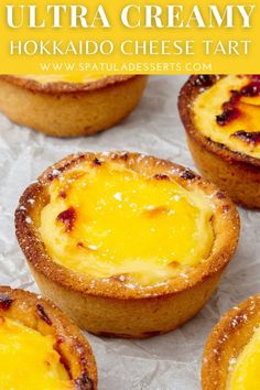 mini cheese tarts with text overlay that says ultra creamy hokkado cheese tart