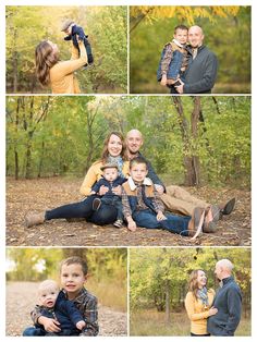 a collage of family photos taken in the woods with fall foliage and trees behind them