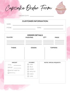 a cupcake order form with pink watercolor flowers on it and the words, customer information