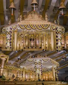 an elaborately decorated building with bells and lights on the ceiling is shown in three different views