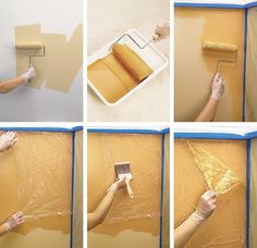 the process of painting a wall with yellow paint