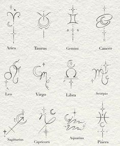 the zodiac signs are drawn on paper and have different symbols in each letter, as well as