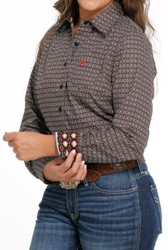 Women's Cinch MSW9164207 Multi-Colored Print Button Down Western Shirt CLOSEOUT Long Sleeve Button 100% Cotton Multi Print Black Buttons Contrast Trim Spread Collar 2 Button Cuff Embroidered Logo Left Chest Western Long Sleeve Top With Button Closure, Western Brown Tops With Buttons, Western Style Brown Tops With Buttons, Brown Western Top With Buttons, Brown Western Style Top With Buttons, Black Western Top With Button Closure, Western Style Buttoned Tops For Fall, Fitted Western Tops With Button Closure, Western Style Tops With Buttons For Fall