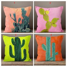 four different pillows with cactus designs on them