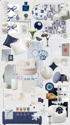 a collage of blue and white furniture