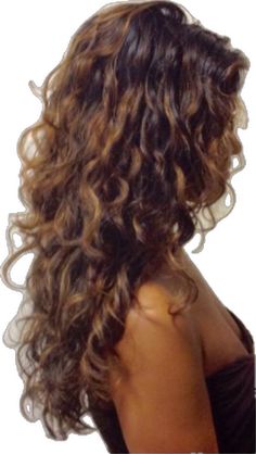 the back of a woman's head with long curly hair in front of her