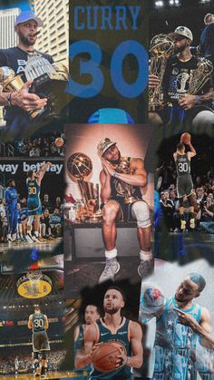 collage of basketball players and numbers on the side of a building with people watching