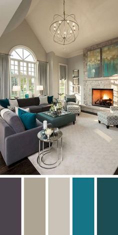 a living room filled with furniture and a fire place in the middle of it's walls