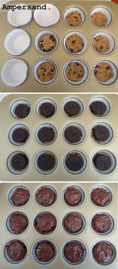 the process of making chocolate cupcakes in muffin tins is shown here