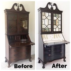 before and after photos of an old dresser with glass doors on the top, then painted black