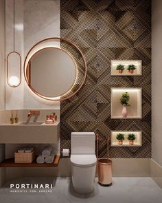 a bathroom with a round mirror above the toilet and shelves on the wall next to it