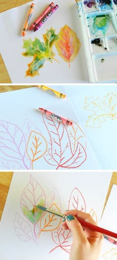 the process of painting leaves with colored pencils