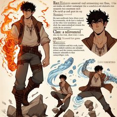 an image of a character sheet from the animated movie avatars, with fire and water