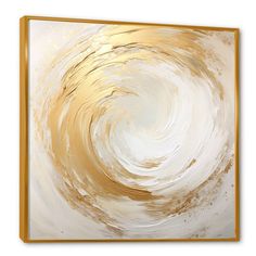 an abstract painting with gold and white colors on the canvas, it looks like something out of