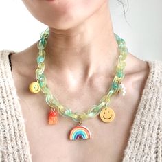 New Summer Friendship Fun Rainbow Gummy Bear Daisy Happy Face Lucite Link Necklace 18" With 3" Extension. The Summer I Turned Pretty Euphoria Coachella Sxsw Bachelorette Vacation Cruise Travel Western Aesthetic Vibe Retro Christmas Thanksgiving Holiday Chic Casual Dressy Preppy Tiktok Classic Classy Work Office Business Contemporary Professional Workplace Wear Loose Fit Relaxed Dress Pants Blazer Blouse Bridesmaid Work Sexy Modest Festival Layer Oversized Backless Classic Layered Casual Preppy B Cute Handmade Plastic Necklace, Playful Green Plastic Jewelry, Cute Adjustable Yellow Necklaces, Cute Adjustable Yellow Necklace, Cute Multicolor Plastic Necklaces, Cute Yellow Resin Jewelry, Green Fun Plastic Jewelry, Fun Green Plastic Jewelry, Fun Yellow Necklaces For Gifts