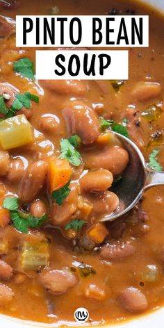 a bowl of pinto bean soup with a spoon in it and the title overlay reads