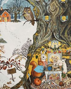 an image of a painting with animals in the snow near a tree and a house