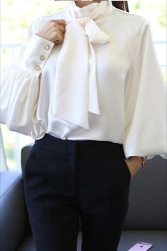 Shop this White Lantern Sleeves Chiffon Pullover Top from our Tops collection. Pradize.com | Online Boutique Fashion Store White Bow Tie, Bow Tie Blouse, Lantern Sleeved Blouses, Women Office, The Office Shirts, Bishop Sleeve, Satin Blouse, Tie Blouse, Lantern Sleeve