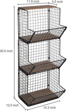 3-Tier Black Metal Wire Wall-Mounted Produce Baskets, Storage Bins with Wood Bases-MyGift Store Cleaning Supplies, Organizing With Baskets, Wood Bin, Produce Baskets, Produce Storage, Vintage Home Office, Laundry Room Renovation, Kitchen Baskets, Shelving Racks