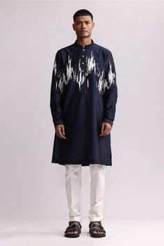 Navy chanderi kurta with thread embroidery. Comes with pant. - Aza Fashions Thread Embroidery, Pants Pattern, Pant Set, Mandarin Collar, Aza Fashion, Blue Man, Pants Set, Types Of Sleeves, Custom Made