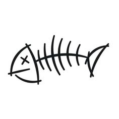 a fish skeleton is drawn in black ink on a white background with the word x