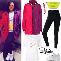 Sapopa Kaylin Colorblocked Jacket ($365.00), Saint Laurent 80s Style Logo T-Shirt ($450.00), Fabletics High-Waisted Solid PowerHold Legging ($69.95), a Balenciaga Logo Belt Bag ($600.00 – wrong color), Roberi & Fraud Doris Sunglasses ($195.00) and Fila Disruptor II Sneakers ($65.00). Distressed Cropped Denim Jacket, Balenciaga Hot Pink Coat, Fila Disruptor Ii, Fila Disruptor, Balenciaga Logo